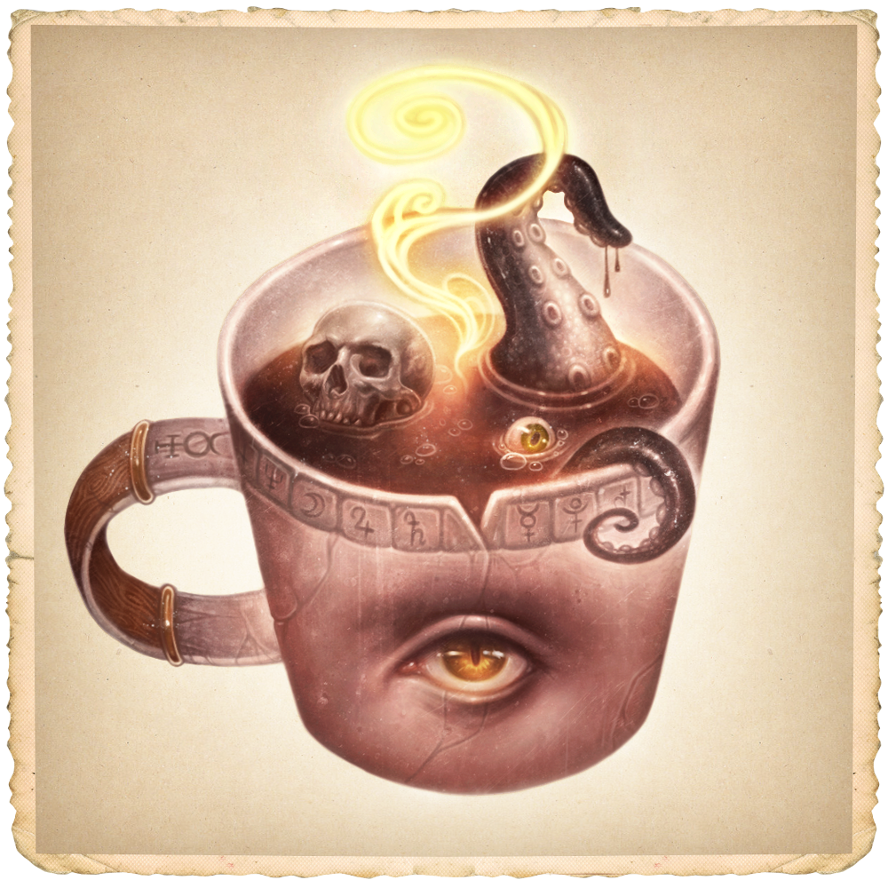 An enchanted coffee mug with an amber eye, curling tentacles, a skull, and glowing golden steam.